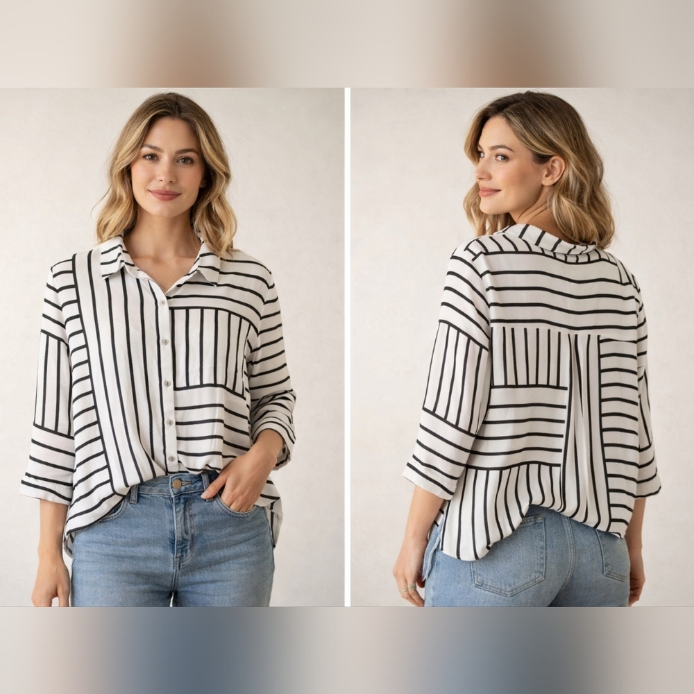 Rose + Olive 1X Striped Blouse Black White Button Front Plus Size Tunic